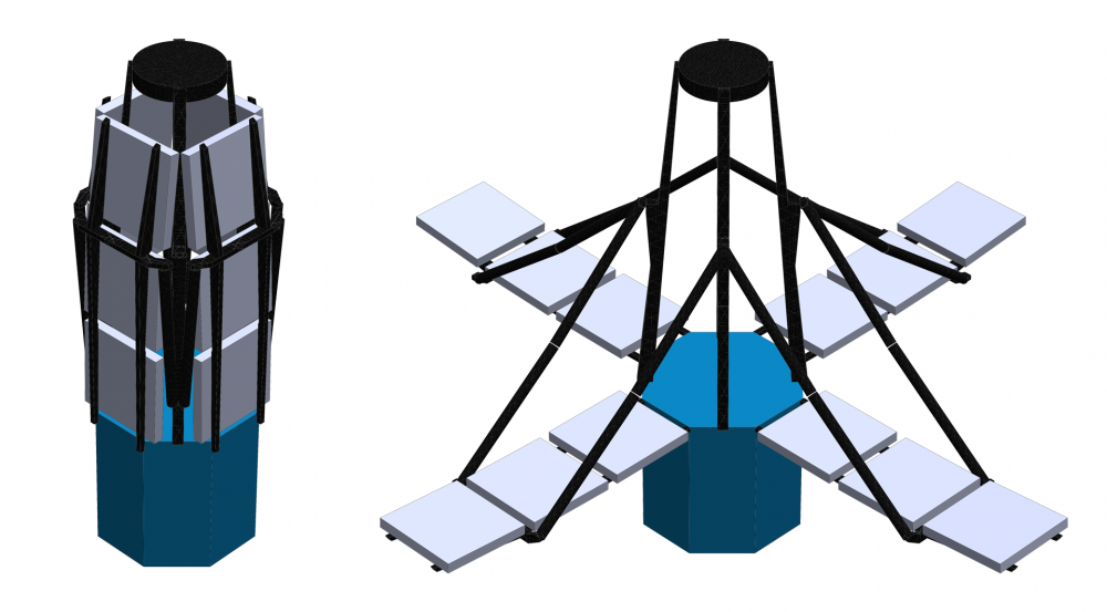 For installation aboard a launch vehicle, a space telescope using technology developed for DISCIT will fold up into the compact shape seen at the left, but will expand its segmented sparse subapertures, right, once deployed.