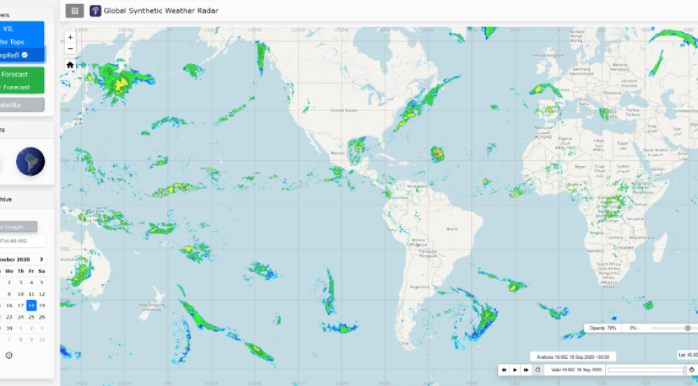 a screenshot of a user interface shows a world map with radar-like depictions of rain bands, colored blue, green, and yellow.