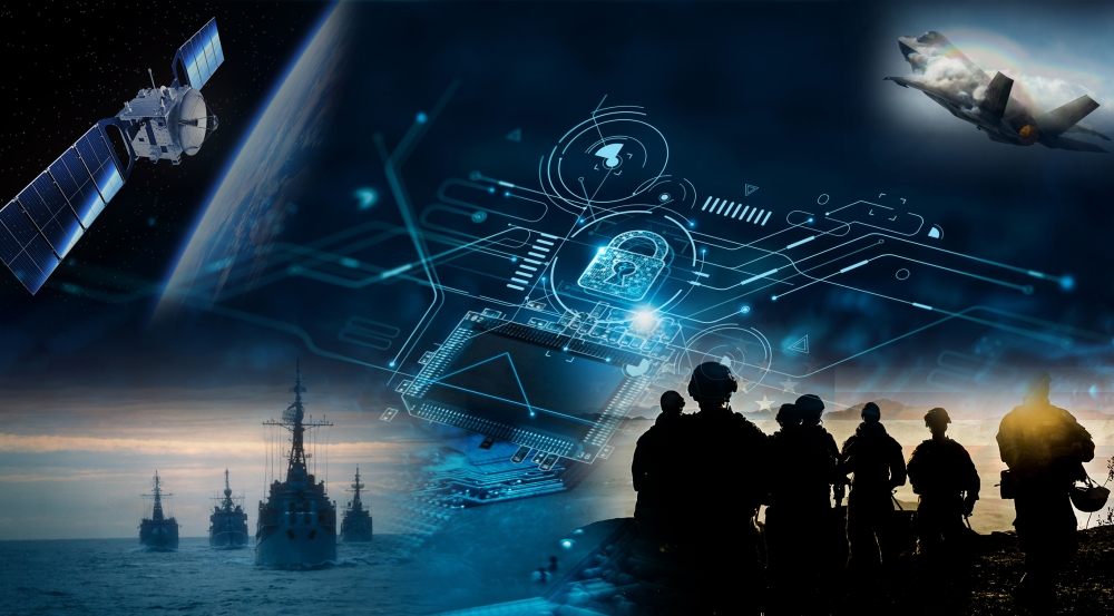 a collage of images showing a satellite, a jet, a warship, and soldiers on the ground. In the middle of the collage is an illustration of a circuit board.