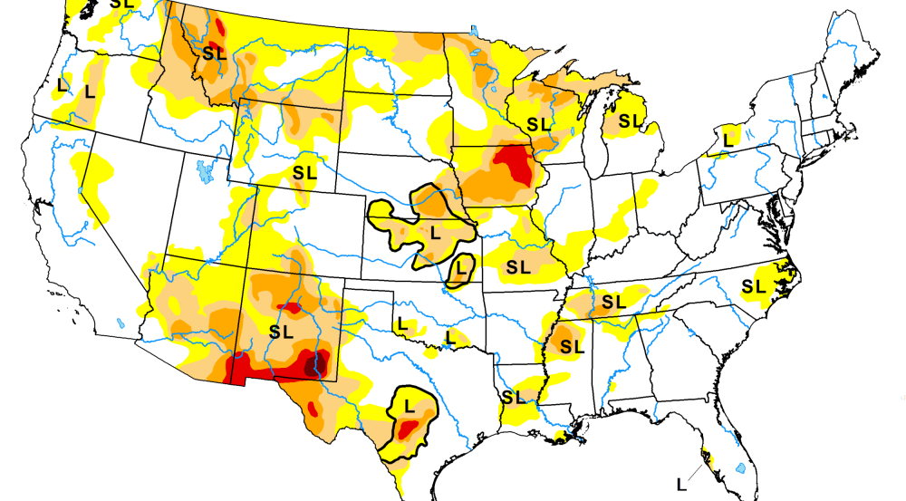 A map of the United States with areas colored on a scale from yellow to dark red, indicating drought severity.