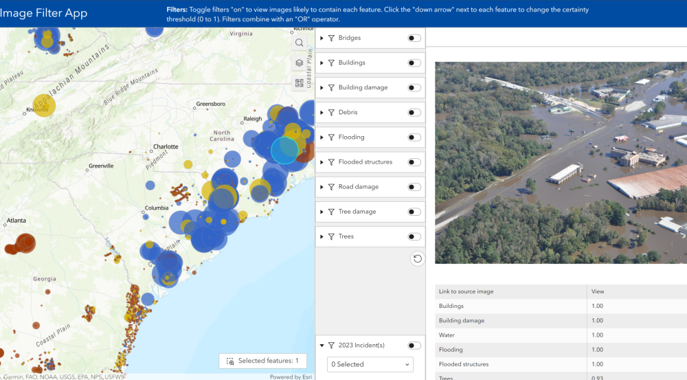 A web application of CAP images, hosted on ArcGIS, is annotated using LADI v2. Circle sizes and colors represent likelihood of damage and damage type, adjustable filters are in the middle, and the right shows a preview of a selected point.