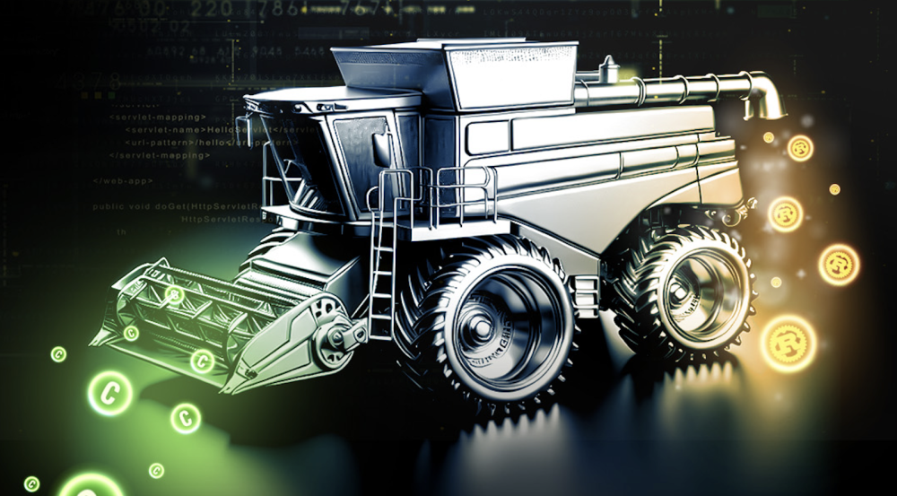 An illustration of a machine transforming "C" icons into "Rust" icons.