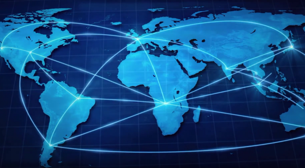 an illustration of a world map with network lines connecting countries