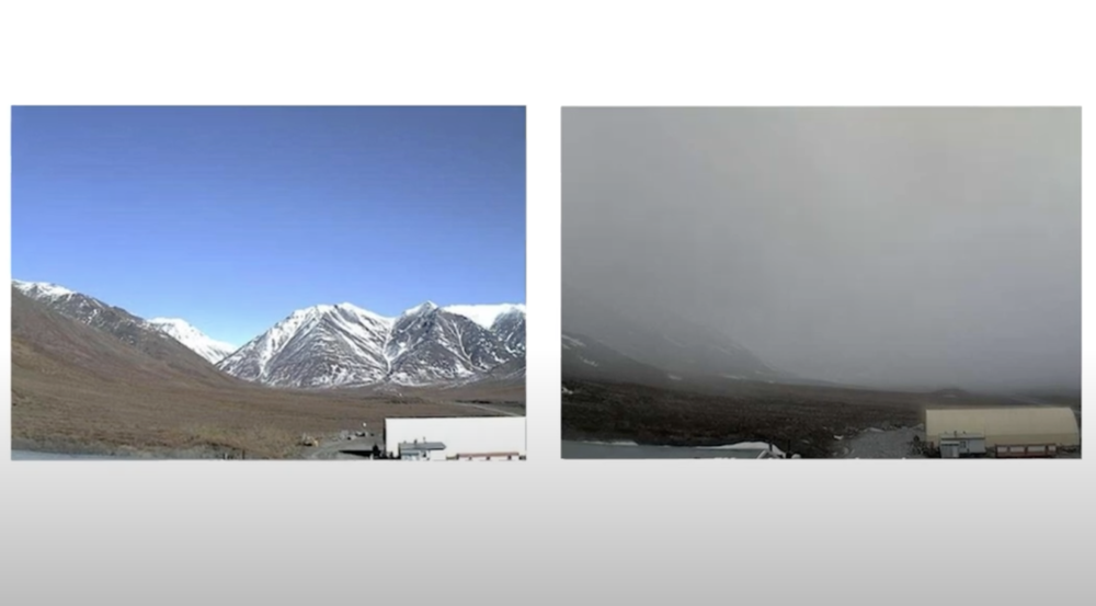 Two photos are shown of the same landscape. The left hand photo shows a clear day, with a mountain in the distance. The right hand side shows a foggy view, with the mountain obscured.