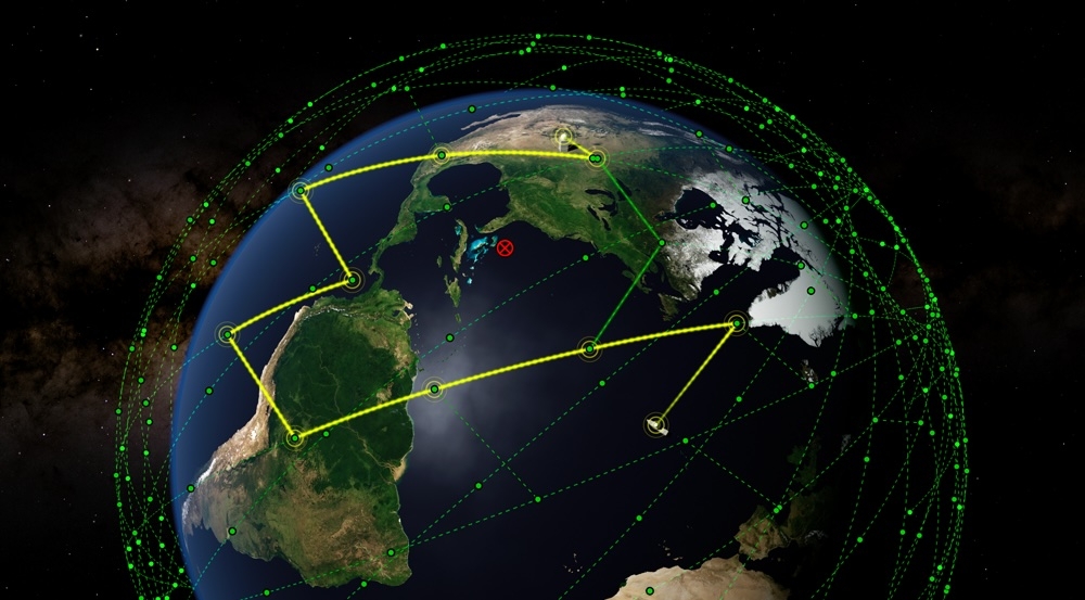 A schematic of the Earth with many satellite links.