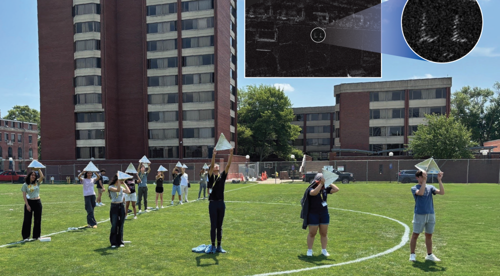 The 26 students in the BWSI SAR course hold their self-built radar reflectors as they stand on a soccer field and form two L shapes, representing Lincoln Laboratory. An overlay reveals the view of the Ls from space.