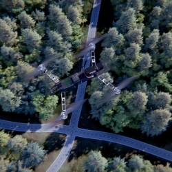 in this computer-generated image, a UAV flies over a forest and road in pursuit of a vehicle. 