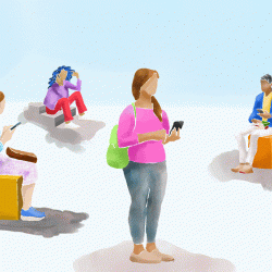 An illustration of 4 people near eachother looking at their phones, with bluetooth signals emanating from the phones. 