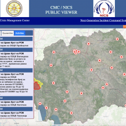A screenshot of a website showing a google map of North Macedonia with Red Cross symbols placed throughout to signify their locations. A panel on left hand side provides info about how to contact these locations.