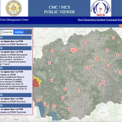 A screenshot of a website showing a google map of North Macedonia with Red Cross symbols placed throughout to signify their locations. A panel on left hand side provides info about how to contact these locations. 