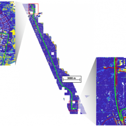 A photo of a lidar map ofa 400 sq mile area, with roads highlighted red, the ground blue, and a navigational route is green. 