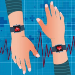 an illustration of two arms with a wearable health tracker on each wrist, and a pulse line in the background.