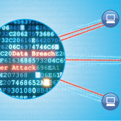 illustration of a circle with code inside with the words "data breach" and "cyber attack" in red. Red lines extend out of the circle to 3 computer symbols.