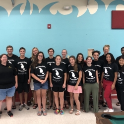 Students from the Kwajalein BWSI 2020 program pose for a photo with Laboratory staff members and instructors Jon Schoenenberger, Sarah Willis, Karyn Lundberg, and Thomas Sebastian.
