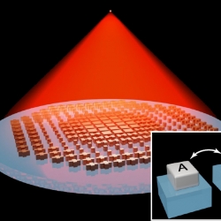 A graphic showing a red light spreading over a blue circular lens with small metal pieces on it.