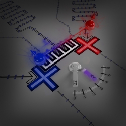 3D drawing of a tunable coupler, which features two + figures plus a number of lines and graduated gauges