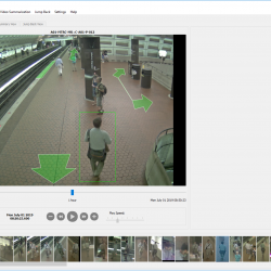 A snapshot of a software interface shows a video feed of a subway station, with green box around a man walking, and green arrows showing possible routes. At the bottom of hte interface is more, smaller screenshots of people in the video. 