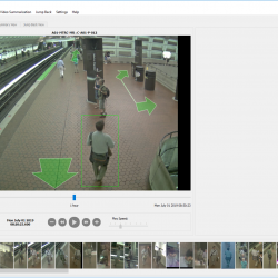 A snapshot of a software interface shows a video feed of a subway station, with green box around a man walking, and green arrows showing possible routes. At the bottom of hte interface is more, smaller screenshots of people in the video.