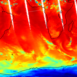 an image from a satellite taken of earth; antarctica at the bottom is colored blue, and color ranges through yellow, orange, and red up near the equator
