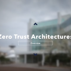 Photo of Lincoln Lab exterior - square building with all glass. Overlaid on image is text that says "zero trust architectures overview"