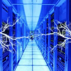 an image of a server room with electricity "bolts" coming out of the server racks. 