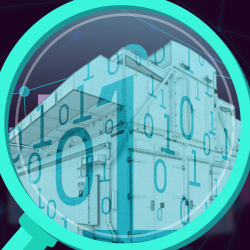 An illustration of the exterior of a datacenter, with 1s and 0s overload on top of it. The image is encircled by a large magnifying glass.