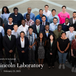 A group photo of GEM fellows posing for a photo in the MIT LL lobby.