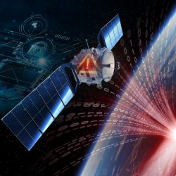 An artist rendition of the Cyber-Hardened Satellite Software flying above Earth. 