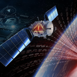 An illustration of satellite in orbit with data streams (shown as 1s & 0s) connecting it to earth.