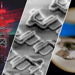three photos: left shows an air traffic control radar; middle shows an SEM photo of microelectronic devices; and right shows a close-up of a laser.