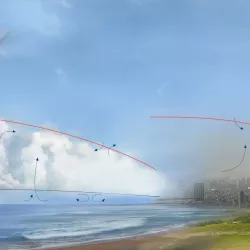 an illustration showing the ocean, leading to shore and a city, and clouds. Red lines in the sky indicate the planetary boundary layer