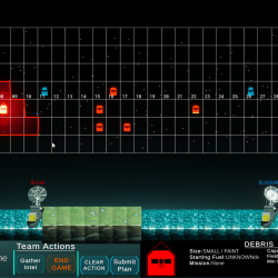 A screenshot of the game interface shows the blue team using a ground asset to analyze one of the red team's satellite's activity.  