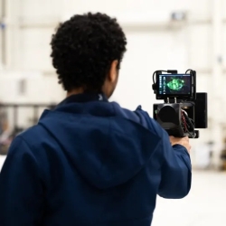 Lincoln Laboratory researcher Noah Yared holds a DePLife prototype. His back is showing in the image with the prototype screen in front and visible. 