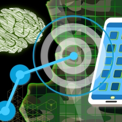 Illustration showing a silhouette of a head looking toward a smartphone. Touchphone and digital themes are present along with military camo colors in the background.