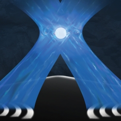 An artist's depiction of a glowing orb (trapped ion) held in place with laser beams.