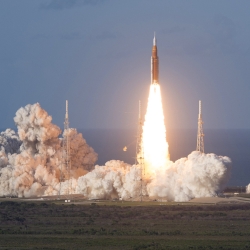 A spacecraft launches. 