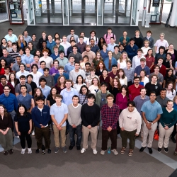  A group of approximately 170 interns take a group photo in the Lincoln Laboratory lobby.