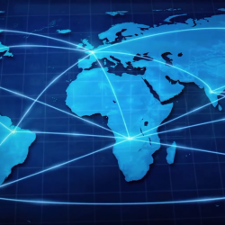 an illustration of a world map with network lines connecting countries 