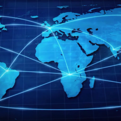 an illustration of a world map with network lines connecting countries
