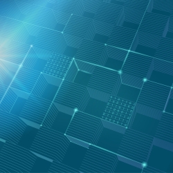 an illustration of several dozen translucent blue cubes, with highlighting lines connecting them, representing nodes.