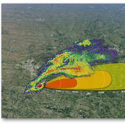 A graphic showing radar-like storm coverage over a Google map image of land, and red/yellow/green zones of predicated tornado path..