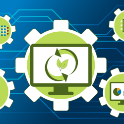 an illustration of the concept of green computing - a blue background resembling a circuit with five green themes of computing in gears/nodes