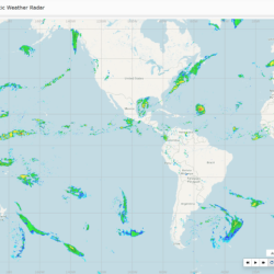 a screenshot of a user interface shows a world map with radar-like depictions of rain bands, colored blue, green, and yellow.