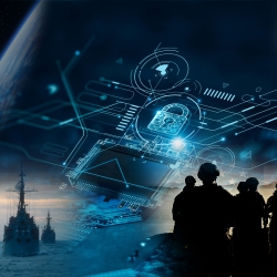 a collage of images showing a satellite, a jet, a warship, and soldiers on the ground. In the middle of the collage is an illustration of a circuit board.