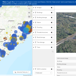 A web application of CAP images, hosted on ArcGIS, is annotated using LADI v2. Circle sizes and colors represent likelihood of damage and damage type, adjustable filters are in the middle, and the right shows a preview of a selected point.