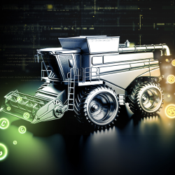 An illustration of a machine transforming "C" icons into "Rust" icons.