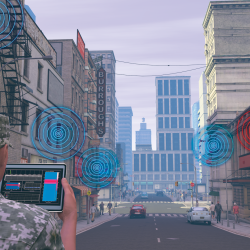 An illustration depicting a service member holding a tablet with waveform signatures on it. He stands in a city center. Circles are colored blue and red around him, signifying wireless signals. 