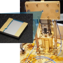 A brass metal instrument and plate are shown, with a zoomed-in portion showing a small chip embedded into the plate. The entire device is the cryomicroscope.