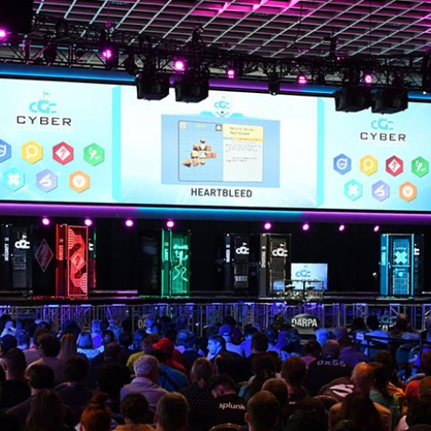 An impressive array of seven team-designed supercomputers vie for the grand prize of two million dollars at the Cyber Grand Challenge competition at the Paris Las Vegas Conference Center on August 4th, 2016.