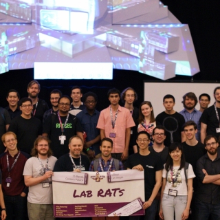 Thirty-eight Lab RATs, weary after 52 hours of hacking competitors' computer networks, posed for a team photograph at the DEF CON Capture the Flag competition held at Caesar's Palace in Las Vegas, Nevada. Photo: Wilson Wong